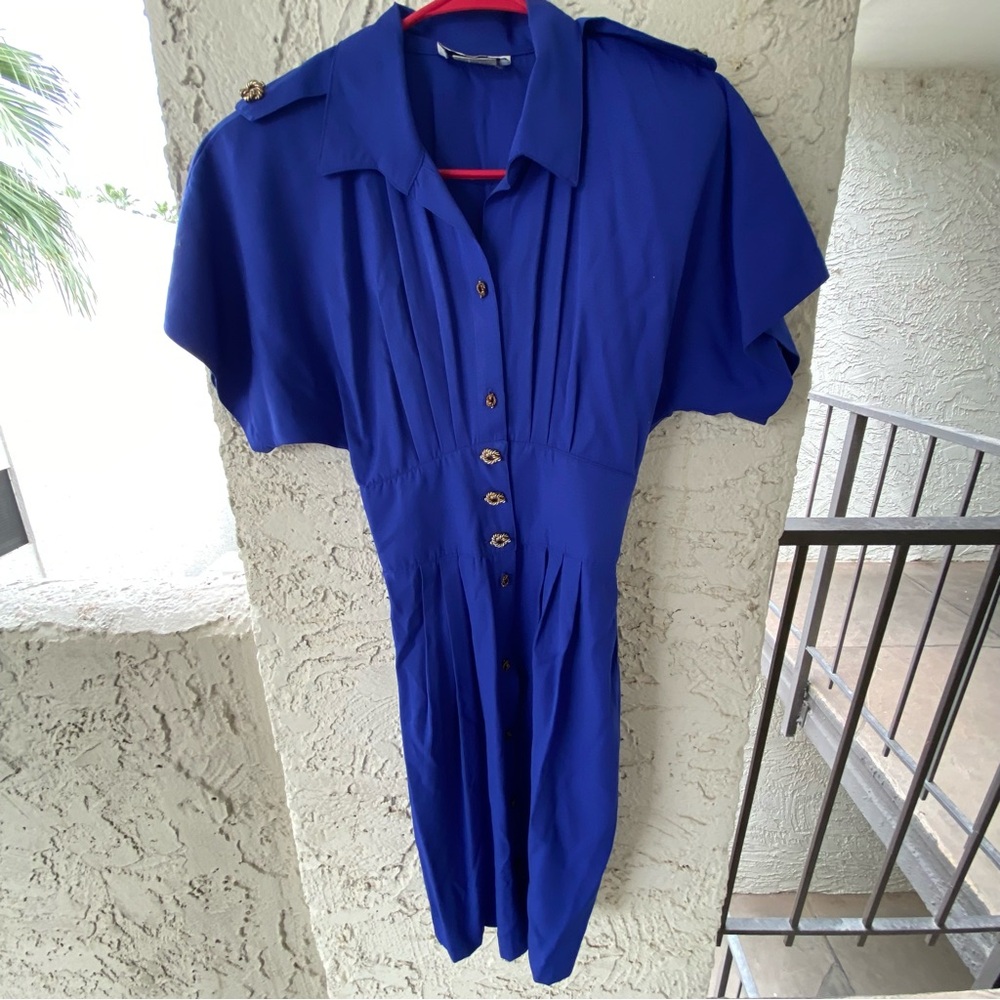 Vintage 80s Cobalt Button Front Shirt Dress Gold Buttons Petite Midi Mom Casual